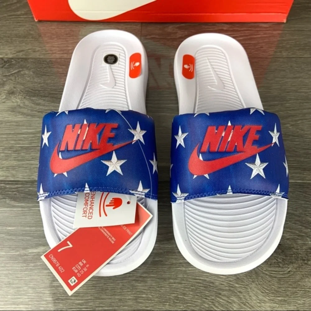 Red White Blue Patriotic USA Nike Star Print Slides,Mens 7, Womens 8.5
